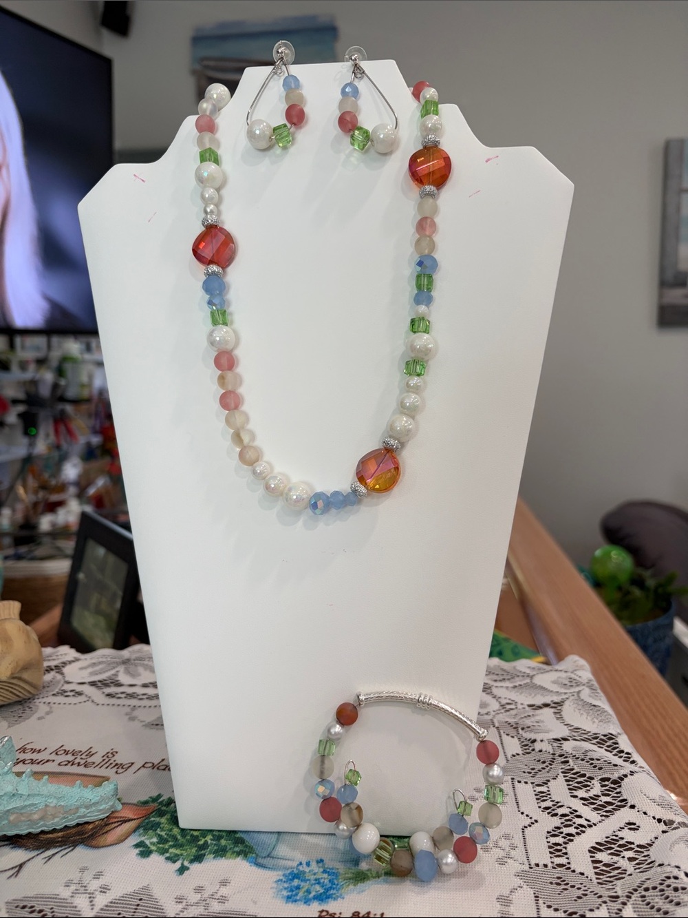 Multicolor Beaded Necklace and Earring Set — Pastel & Amber Tones